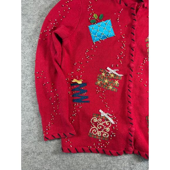 VTG Studio Joy Christmas Cardigan Women M Red Knit Beaded Patchworks Grandma 90s - Picture 4 of 10